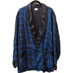 Vintage Tatsu Mura Blue and Black Silk Brocade Evening Smoking Blazer (L)